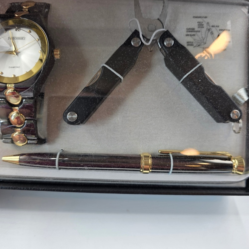 Hennessey Mens Gift Set Diamond Dial Watch Multi-tool w/ Pen Black Gold Tone New - Picture 10 of 13